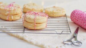 Shortbread cookies wrapped in red and white twine